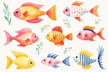 The image features a collection of nine colorful fish, each with its own unique pattern and coloration. They are set against a white background and are surrounded by green seaweed.