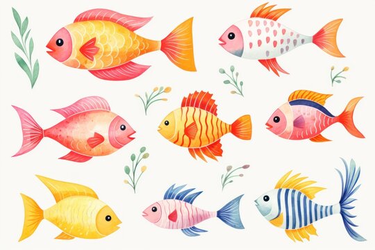 The image features a collection of nine colorful fish, each with its own unique pattern and coloration. They are set against a white background and are surrounded by green seaweed.