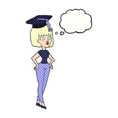 thought bubble cartoon woman with graduation cap