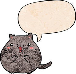 happy cartoon cat and speech bubble in retro texture style