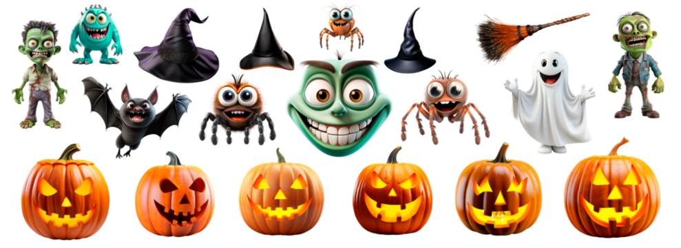Halloween Characters and Pumpkins Set on transparent .Stickers clip art