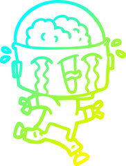 cold gradient line drawing cartoon crying robot running