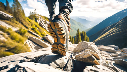Close Up view of hiker feet walking on the rocks. Mountain panorama in background. Technical shoes