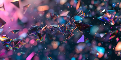 Shimmering quantum fragments, with iridescent shards floating in a void, representing the unpredictability of quantum mechanics - obrazy, fototapety, plakaty