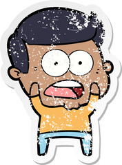 distressed sticker of a cartoon shocked man