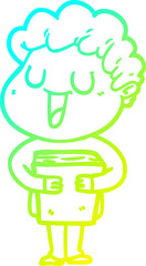 cold gradient line drawing laughing cartoon man with book