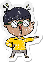 distressed sticker of a cartoon boy wearing spectacles