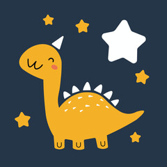 Dinosaur smiling with closed eyes, yellow in color, in Scandinavian style, hand-drawn doodle, surrounded by stars, against a dark blue background. Vector illustration.