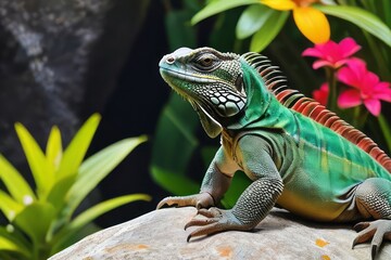 Fototapeta premium Iguana posing on rock in garden with colorful vegetation in background