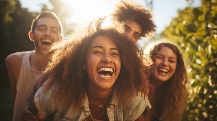 Obraz premium Group of friends having fun outdoors. Multiracial group of cheerful best friends having fun together enjoying summer day in park. Men and women lift up their dark-skinned girlfriend. Lifestyle concept