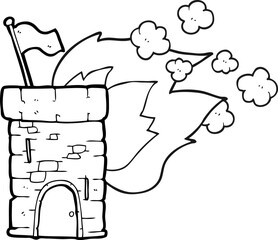 black and white cartoon burning castle tower
