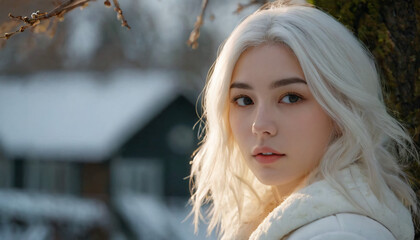 Young Blonde Woman in White Coat, Emotional Expression amidst Snowy Winter Landscape with Floating White Hair and Detailed Facial Features