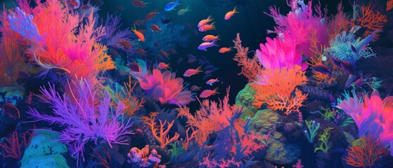 Fototapeta na wymiar Phosphorescent coral reef, abstractly reimagined with fluorescent pinks, oranges, and blues