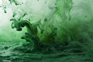 Emerald hues dance in a fluid ballet, a dynamic burst of green ink swirling underwater with...