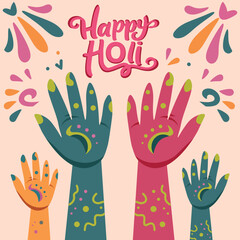 Raised hands in a sign of joyful celebration, celebrating the Indian Holi festival with splashes of colored paint and hand-painted henna tattoos. Typography with the text "holi" in a flat vector 