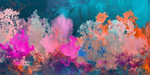 Phosphorescent coral reef, abstractly reimagined with fluorescent pinks, oranges, and blues