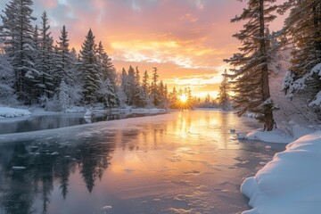 Breathtaking winter sunrise over a tranquil frozen lake surrounded by snow-dusted pine trees, exuding peace and stillness.

