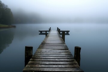 Misty dock on a tranquil lake, evoking a sense of peace and solitude in a foggy morning atmosphere.

