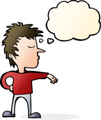 cartoon man making camp gesture with thought bubble