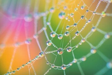 Spider web with dew drops against a rainbow-colored background

