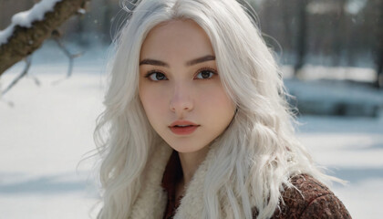 Young Blonde Woman with Green Eyes, Posing in Winter Scene - Snowy Trees, Sunshine, and Floating White Hair.