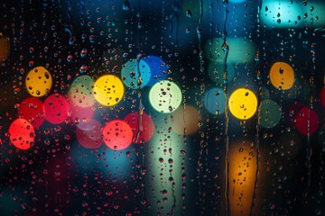 Night cityscape through a wet window with colorful bokeh lights creating an abstract effect.

