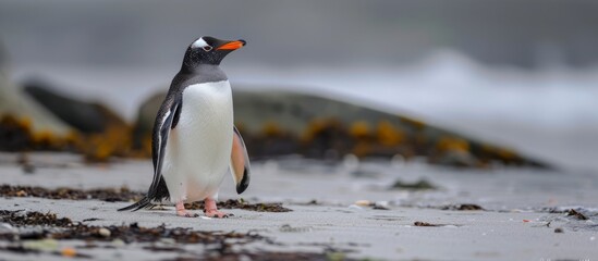 Gentoo Penguin spotted on Bleaker Island beach, Falkland Islands.