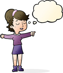 cartoon happy woman pointing with thought bubble