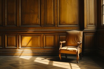 Vintage chair basking in the warmth of sunlight through a classic window, evoking a nostalgic mood.

