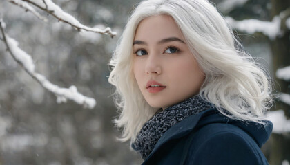 Young Blonde Woman with Gray Scarf, Gazing Down: Winter Scene - Long White Hair, Emotional Expression, Snowy Trees, Sunshine