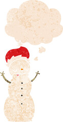 cartoon christmas snowman and thought bubble in retro textured style