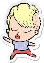 distressed sticker of a cartoon pretty hipster girl