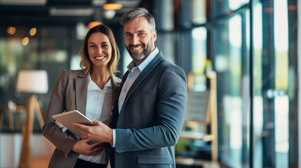 smiling two professional business people standing in office with with digital tablets