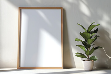 Mockup of a picture next to a plant. home decoration concept.