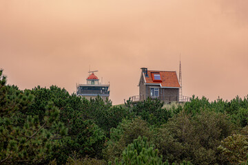 The Vuurtoren Brandaris (Lighthouse) at viewpoint in the evening, The Dutch Wadden Sea island...