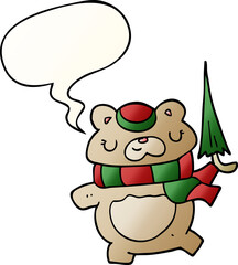 cartoon bear and umbrella and speech bubble in smooth gradient style