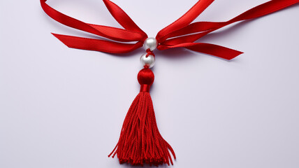 Martisor, red and white, yarn floss thread, holiday of welcoming spring in Moldova and Romania, celebrated on March , tradition give boutonnieres in the form of flowers Baba Marta. - obrazy, fototapety, plakaty