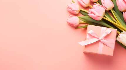 Top view of a bouquet of tulips and a gift box with a ribbon bow. Gift and pink tulips on a pastel pink background with copy space. Mother's Day and Valentine's Day concept