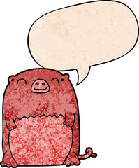 cartoon creature and speech bubble in retro texture style