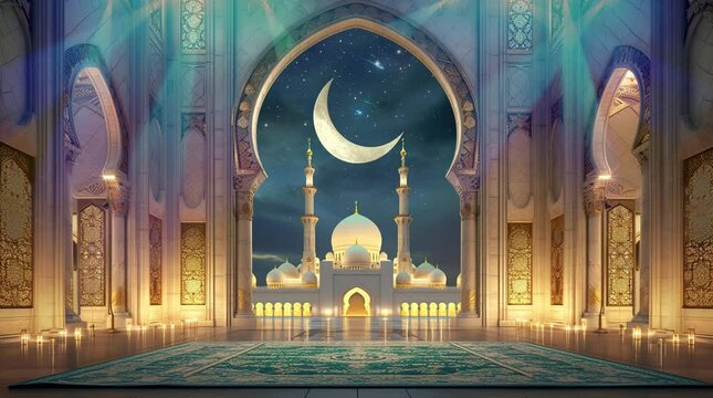 Mosque podium with Ramadan decorations Seamless looping 4k time-lapse virtual video animation background. Generated AI	