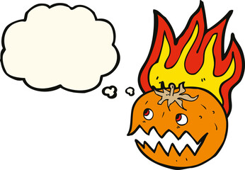 cartoon flaming pumpkin with thought bubble