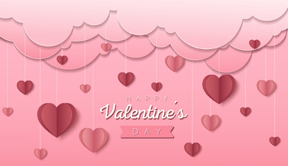 Happy Valentine's day wallpaper or banner with hearts. Beautiful paper cut heart frame on rose background. Vector illustration for cosmetic product display, valentine day festival design, presentation