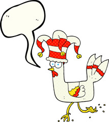 comic book speech bubble cartoon chicken running in funny hat