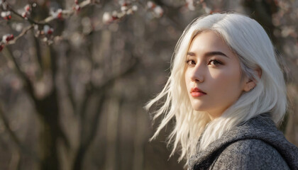 Young Blonde Woman with White Hair, Standing Before Winter Tree Branch - Emotional Innocence and Stunning Symmetry in Snowy Setting