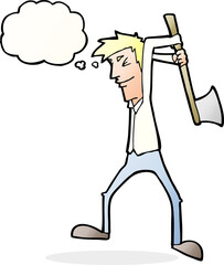 cartoon man swinging axe with thought bubble