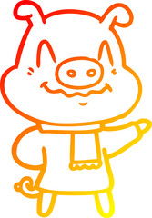 warm gradient line drawing nervous cartoon pig wearing scarf