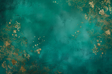 Turquoise Textured Background with Gold Floral Ornaments - obrazy, fototapety, plakaty