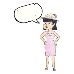 speech bubble textured cartoon woman wearing sun hat