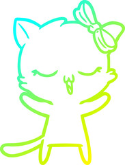 cold gradient line drawing cartoon cat with bow on head