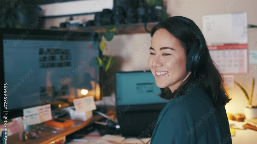 Poster Business woman, call center and computer screen for customer support, e commerce or telecom in office. Face of a professional advisor, agent or Asian consultant for website solution, help and advice